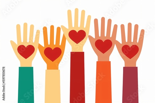 Diverse hands raised with red hearts image