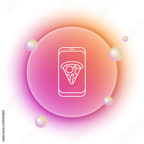 White Food ordering pizza icon isolated on white background. Order by mobile phone. Restaurant food delivery concept. Orange and pink gradient circle background. Vector