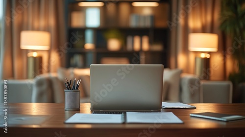 luxury executive office desk with laptop and documents, soft natural lighting, elegant decor, business mood, high-resolution detail, Sony Alpha full frame, close-up shot