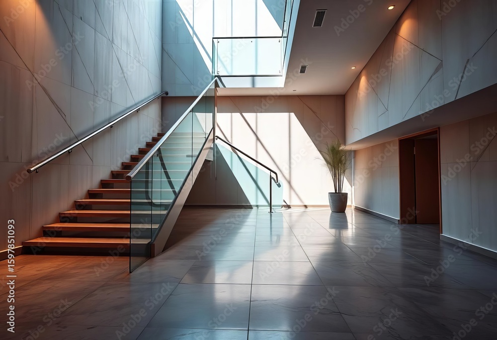 Obraz premium Sleek modern staircase with glass and metal handrail, polished concrete flooring, risers, contemporary