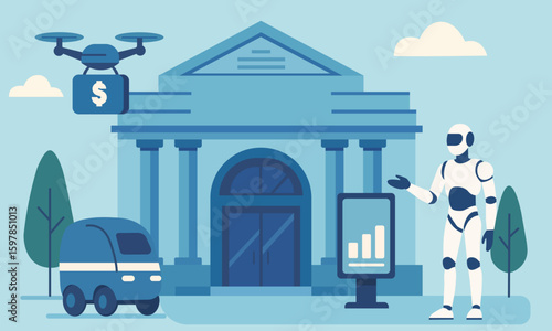 Modern bank with robot, drone, and self-driving car – concept of AI and fintech.