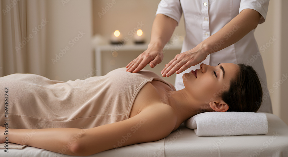 Obraz premium Woman receiving reiki healing treatment on her chest for stress reduction and wellness