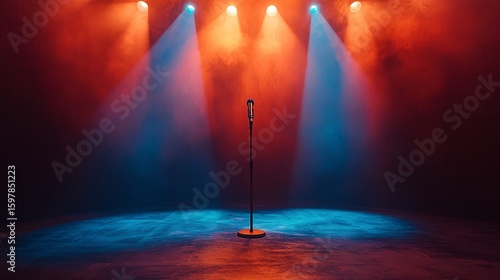 corporate event stage setup with spotlight and microphone, no people, ambitious tone, clean design elements, ultra-detailed, frontal angle