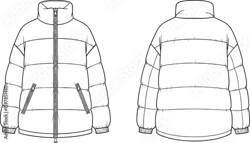 Front and back flat sketch puffer jacket template, high neck winter coat, fashion technical drawing, zipper pockets, quilted outerwear design
