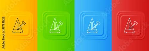 White Classic Metronome with pendulum in motion icon isolated on colorful background. Equipment of music and beat mechanism. Set icons in square buttons. Vector