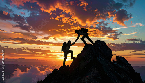 Hikers Helping Each Other on Mountain Summit at Sunset