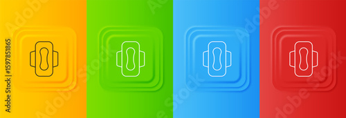 White Menstruation and sanitary napkin icon isolated on colorful background. Feminine hygiene product. Set icons in square buttons. Vector