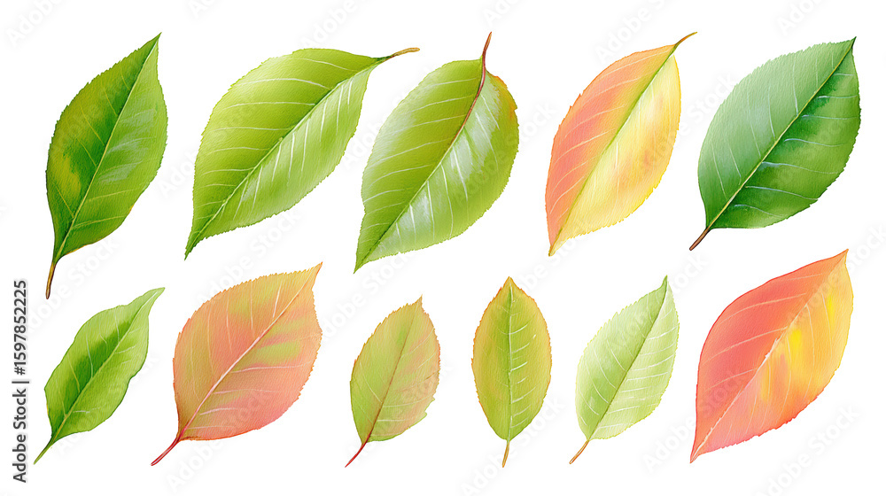Fototapeta premium Scattered peach leaves layout in watercolor isolated on transparent background
