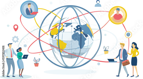 Global network illustration showing people connected around the world with lines and a globe image