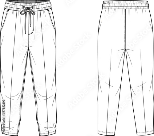 Front and back technical flat sketch jogger pants design, vector outline, fashion template, drawstring waist, elastic cuffed hem