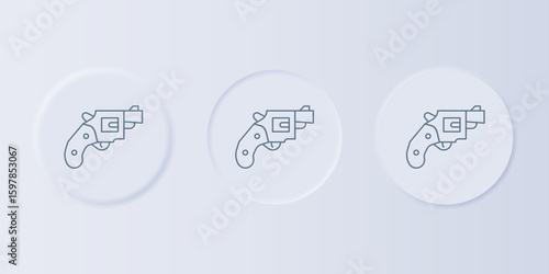 Grey Small gun revolver icon isolated on grey background. Pocket pistol for self-defense. Ladies revolver. Spy Weapon. Set icons in square buttons. Vector