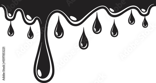 Black liquid dripping in teardrop shapes with wavy border drops vector