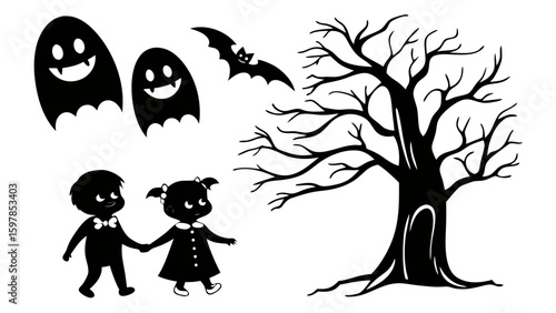 ghostly figures silhouette, Cute and Spooky Halloween Ghost Silhouettes – Vector Cartoon Illustration Set