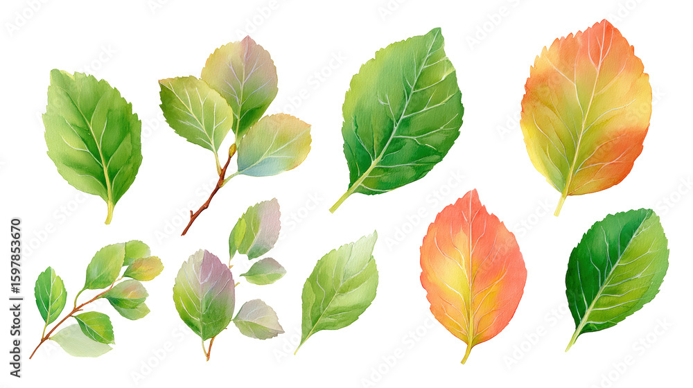 Obraz premium Scattered plum leaves watercolor arrangement isolated on transparent background
