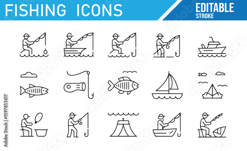 Collection of Fishing Icons Featuring Boats, Fishing Rods, Fish, and Water Activities