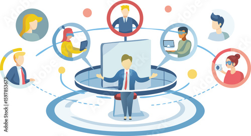 Illustration of a man presenting to a group of people using virtual reality and online communication