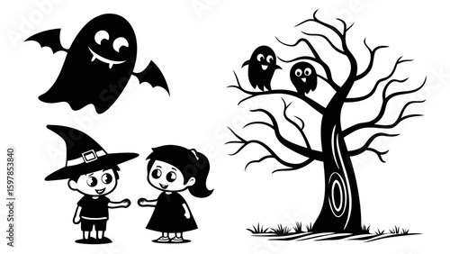 ghostly figures silhouette, Cute and Spooky Halloween Ghost Silhouettes – Vector Cartoon Illustration Set