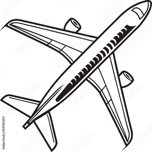 Black and white line art illustration of a passenger jet airplane viewed from above aircraft