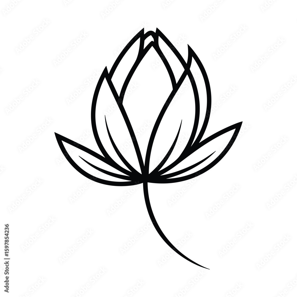 Fototapeta premium Black outline of a blooming lotus flower with delicate petals vector