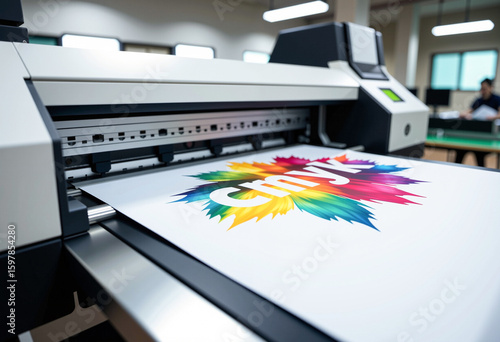 Large printing machine for paper business in printing room. Sublimation concept. Theme: Clear foreground, blurred background, CMYK print.
