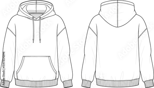 Front and back view of hoodie with kangaroo pocket, drawstring hood, ribbed hem and cuff, cad drawing flat vector illustration