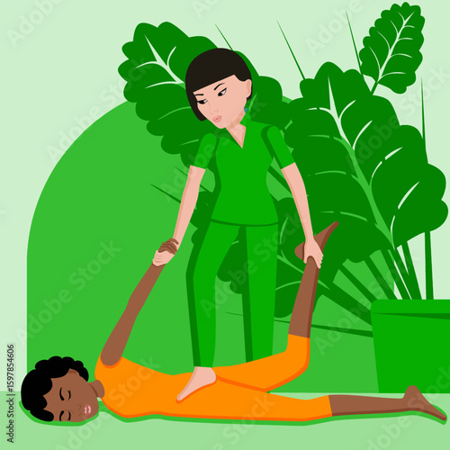 Shiatsu massage. Therapy and treatment by professional therapist in SPA. Isolated flat vector illustration. Asian and African ethnicity.