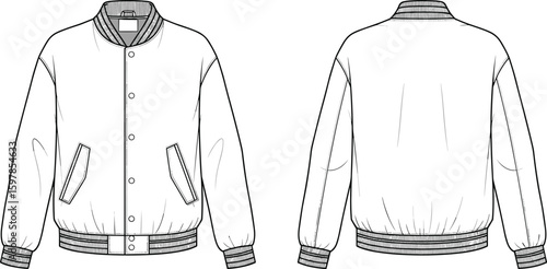 Front and back view of varsity jacket with ribbed cuffs, snap buttons, welt pockets, collar detail, cad drawing flat vector illustration