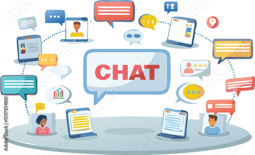 Illustration of devices and speech bubbles connected to a central chat bubble with text
