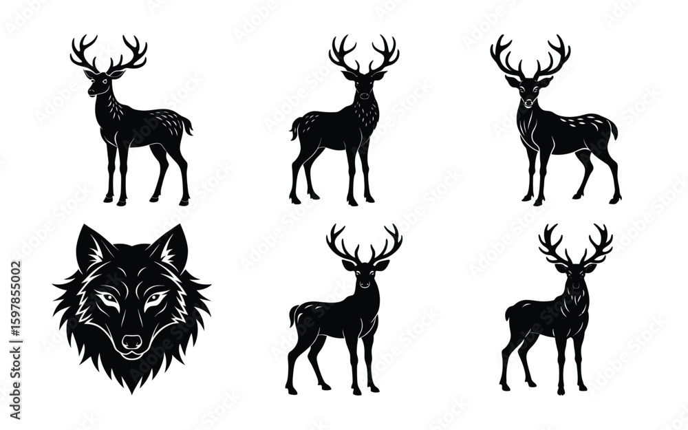 Fototapeta premium Vector art of several deer and a wolf head