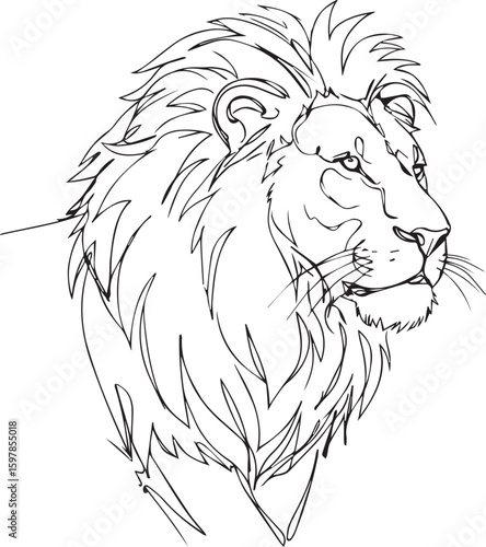 Single continuous line sketch of a lion with a flowing mane, abstract and stylish, perfect for modern home decor prints,