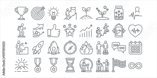Collection of gray line icons representing business success growth and achievements vector