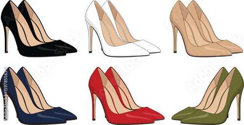 High heel shoes collection, six colors, fashion footwear sketch, stiletto heels, elegant pointed toe pumps, flat vector, stylish design