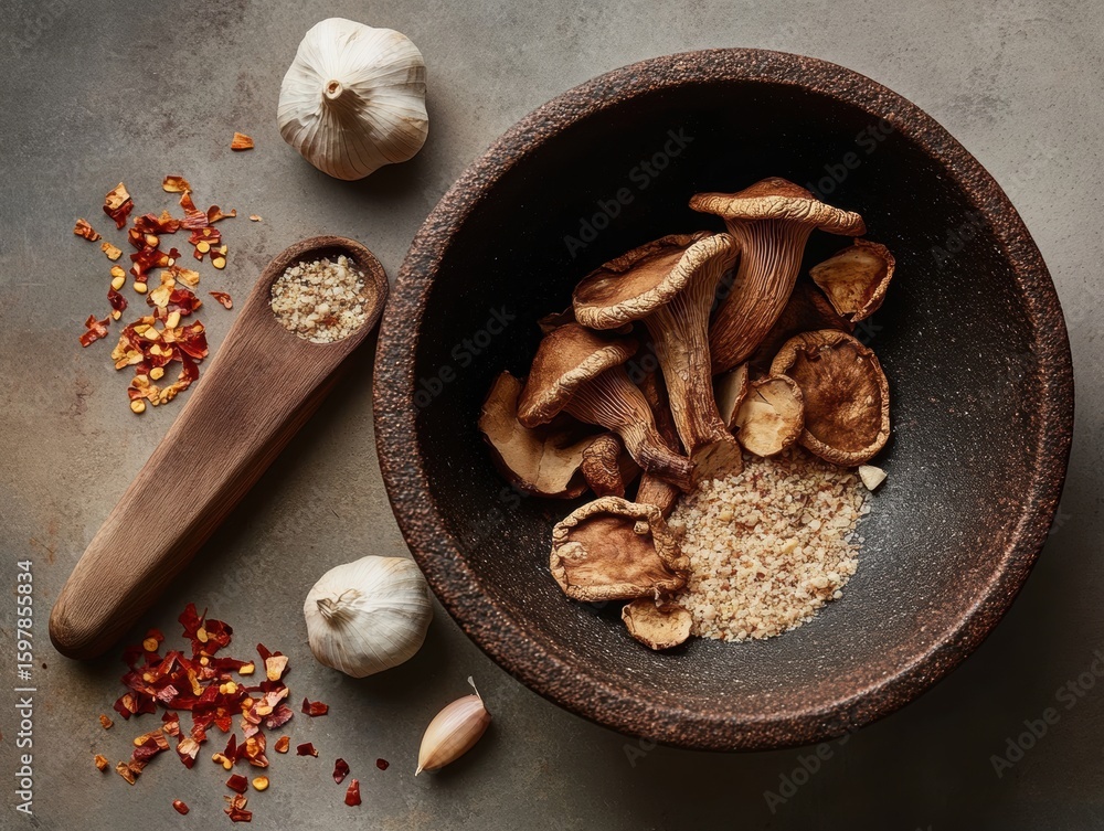 Fototapeta premium Preparing flavorful ingredients in a traditional mortar bowl at a rustic kitchen setting