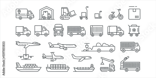 Collection of line art icons representing various modes of transportation and logistics delivery shipping
