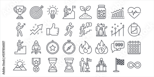 Collection of outline icons representing business success and personal growth concepts vector