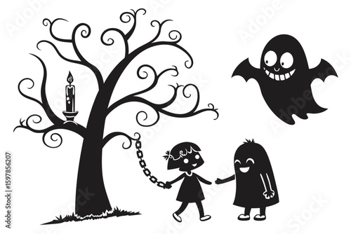 ghostly figures silhouette, Cute and Spooky Halloween Ghost Silhouettes – Vector Cartoon Illustration Set