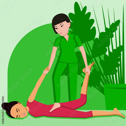 Shiatsu massage. Therapy and treatment by professional therapist in SPA. Isolated flat vector illustration. Asian and Eastern ethnicity.