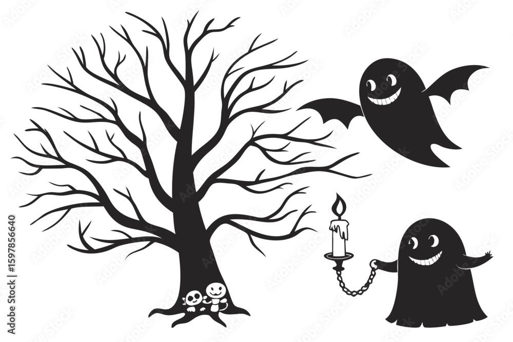 Obraz premium ghostly figures silhouette, Cute and Spooky Halloween Ghost Silhouettes – Vector Cartoon Illustration Set