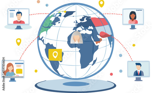 Global connections illustrated with monitors and world globe showing remote communication links around world