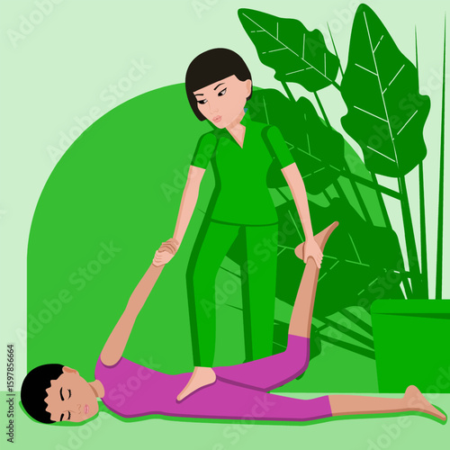 Shiatsu massage. Therapy and treatment by professional therapist in SPA. Isolated flat vector illustration. Asian and Indian ethnicity.