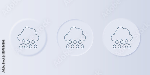 Grey Cloud with rain icon isolated on grey background. Rain cloud precipitation with rain drops. Set icons in square buttons. Vector