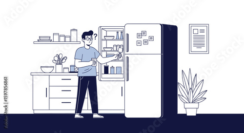 Confused Man Looking Into Refrigerator Searching For Something To Eat
