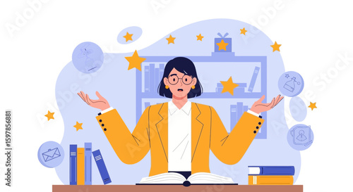 Confused Professional Woman Surrounded By Symbolic Task Icons In Office Setting