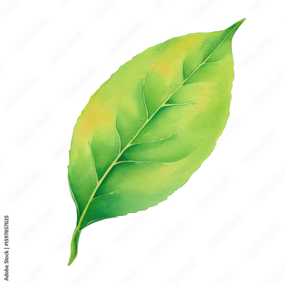 Fototapeta premium Tea Leaf Watercolor Illustration with Fresh Green Tone and Delicate Veins, with Transparent Background