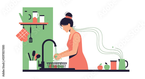 A Woman Washing Fruit In The Kitchen Sink Illustration Graphic Image