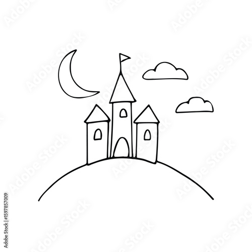Illustration of a castle sitting on a hill under a crescent moon