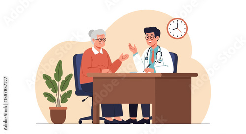 Doctor Consults With Elderly Patient At Desk For Healthcare Assistance And Guidance