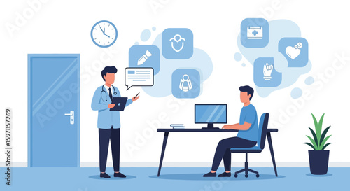 Doctor Consults Patient About Healthcare Information Using Technology in Hospital Room