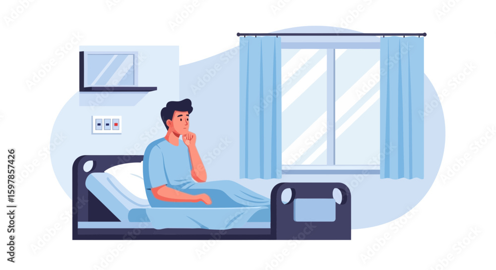 Obraz premium Contemplative Patient Sitting In A Hospital Bed Depicts Healthcare Recovery