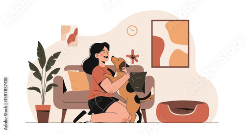 Adorable Moment A Young Woman Embracing Her Dog In A Cozy Living Room